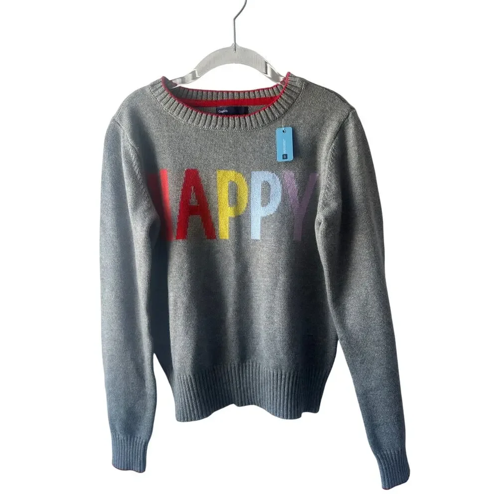 GAP Heather Gray Long Sleeve HAPPY Sweater Unisex Size 12 New